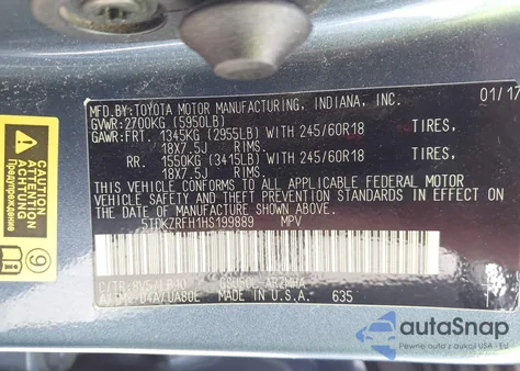 2017 Toyota Highlander Xle из США, поврежденный, VIN 5TDKZRFH1HS199889